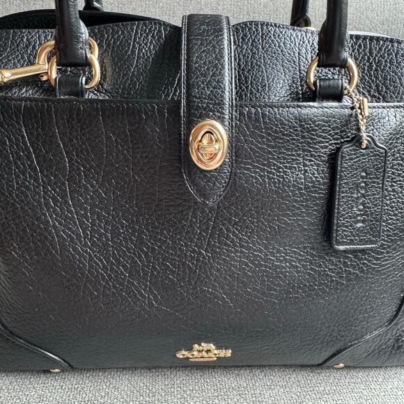 COACH Womens Mercer Satchel Hand Shoulder Bag Black Grain Leather Gold Turn Lock - Picture 11 of 16